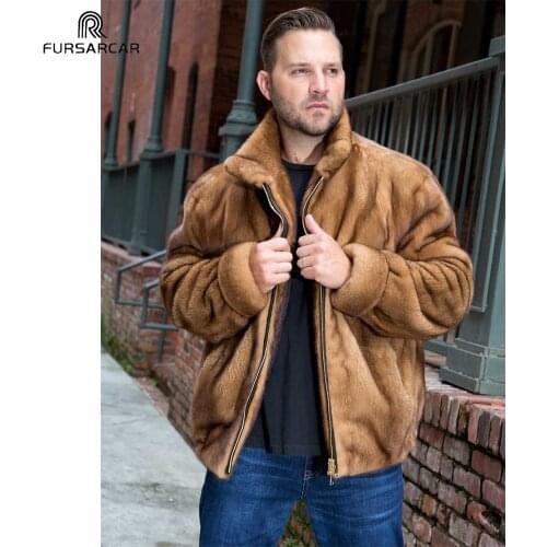 FURSARCAR Mens Mink Fur Bomber Jacket Whole Skin Real Mink Fur Coat With Turn Down Collar Luxury Winter Warm Outwear Customize