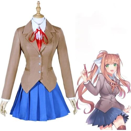 Game Doki Doki Literature Club! Monika Cosplay Women School Girl Uniform Costume Pleated Skirt Brown Coat Anime Party Outfit