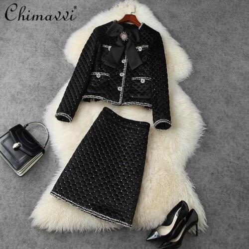2-Piece Set 2021 Winter Womens Clothing New Bow Pocket Single-Breasted Coat Jacket Sheath Velvet Skirt Fashionable Elegant Suit