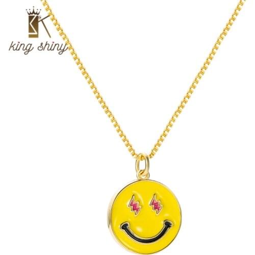 King Shiny Cute Smiley Face Pendant Necklace for Woman Elegant Geometric Round Coin Charm Copper Necklace Female Party Jewelry