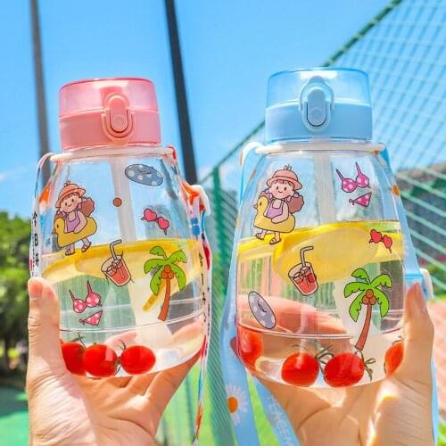 Summer Large Capacity Big Belly Water Bottle Cartoon Cute Sticker Kids Straw Cup Portable Strap Female Student Sports Water Cup