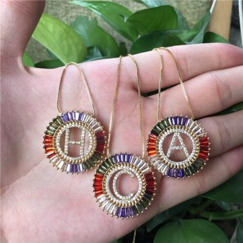 Micro Pave Rainbow CZ A-Z Letter Pendant Necklace Name Jewelry For Women Accessories Girlfriend Gift MY2109