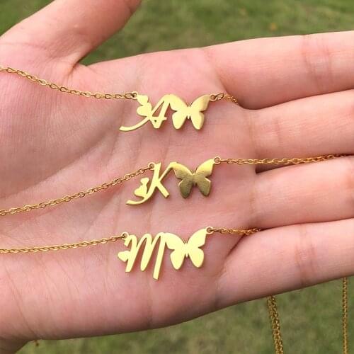Cute Big Butterfly Necklace Pendant Stainless Steel Gold Color Optional A-Z Letters Choker Necklace Women Fashion Gifts
