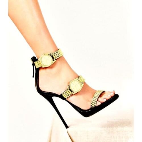 Newest Golden Watch Embelished High Heel Sandals Gladiator Open Toe Woman Ankle Strap Thin High Summer Party Dress Shoes