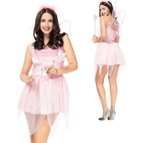NEW Lady Pink Costume Lovely Elf Pixie Fairy Cane Wing Cosplay Carnival Halloween Fancy Party Dress