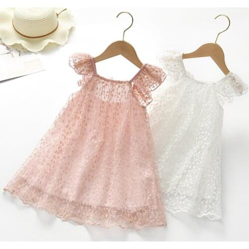 Summer Children Girls Dress 2021 New Lace Princess Dress Party Birthday Kids Clothing Flower Dress Pink White 2.3.4.5.6 Years