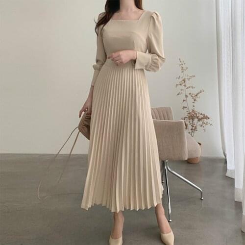 Fashion woman dress Korean Chic Long Sleeve Slim High Waist Elegant Pleated Dress Solid Mid-calf Casual Dresses Women Vestido