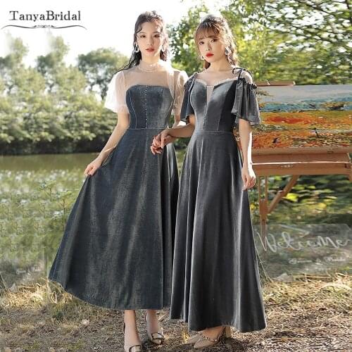 Dusty Blue Tea Length Bridesmaid Dresses 4 Styles Elegant Maid Of Honor Gowns Formal Party Festa DB033