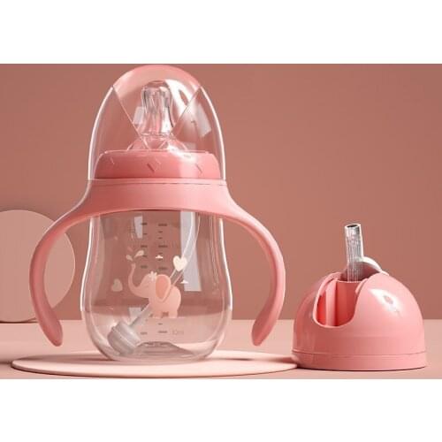 180/240/300ml Portable Cute Two Lids Drink Milk Water Handle Straw Nipple Bottle for Baby Kids Children Students Home School Cup