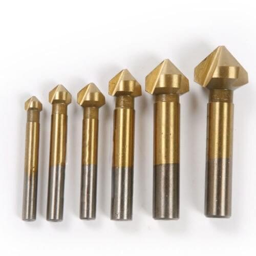 6PCS 3 Flutes Titanium Coated HSS Chamfering Cutter Drill Bits End Mill Countersink