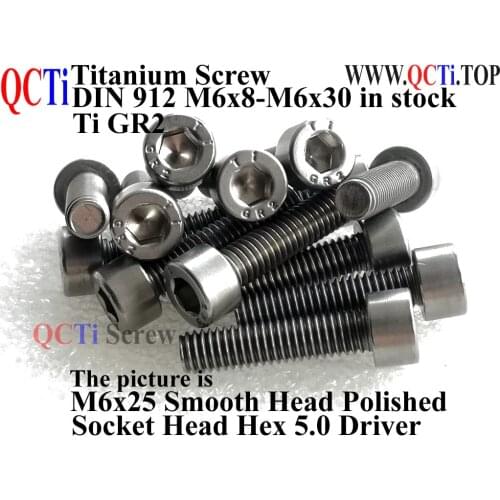 DIN 912 Titanium screws M6x8 M6x10 M6x12 M6x14 M6x16 M6x18 M6x20 socket head Hex 5 .0 driver Ti GR2 Polished 10 pcs