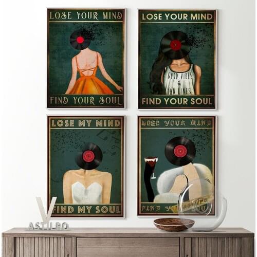 Vinyl Record Music Girl Illustration Print Poster Modern Meditation Sayings Vintage Art Canvas Painting Home Decor Wall Stickers