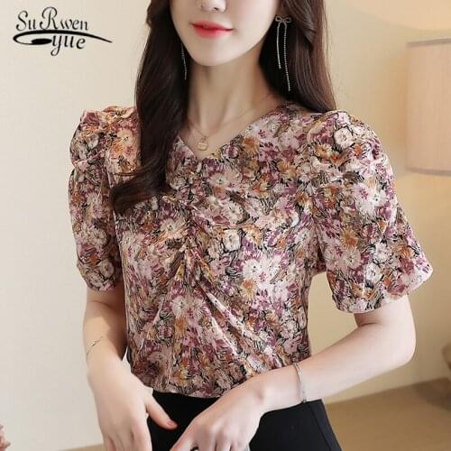Vintage Summer Short Sleeve Print Clothes Women Tops and Blouses 2020 Ladies Tops Floral Chiffon Blouse Blusas 9150 50