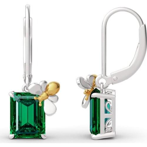 Vintage Gold Color Small Bee Earrings Boho Silver Color Party Earrings Luxury Green Crystal Square Stone Hoop Earrings For Women