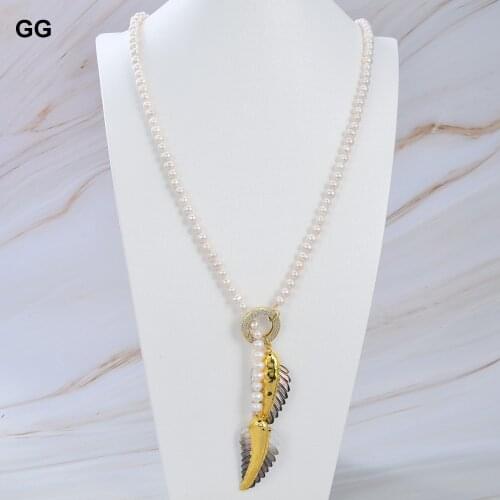 GG Jewelry 38" Cultured White Round Pearl Lariat Long Necklace Black Shell Caved Leaf Charm Sweater Chain Necklace Gifts women