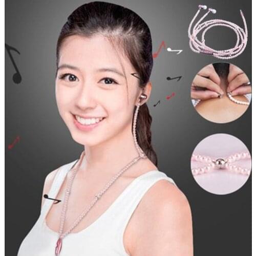 Pearl Necklace Earphone In-Ear Pink Rhinestone Necklace Jewelry Beads Earphones with Mic for Samsung Xiaomi Brithday Girls Gifts