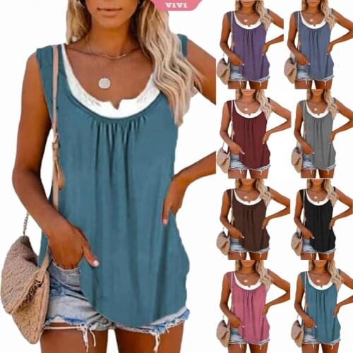 Summer Cropped Top Women Print Sleeveless Pleated Solid Color Vest Ladies Breathable Camisole