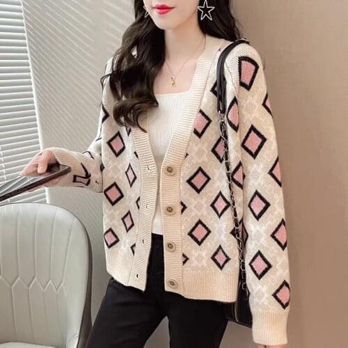 2021 autumn and winter new womens diamond lattice single-breasted cardigan loose retro long-sleeved sweater women casual