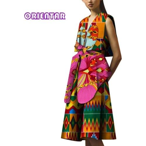 African Dresses for Women African Print Sleeveless V-neck Dress with Bow Fashion Dashiki Ankara Dress Lady Knee Length WY4981