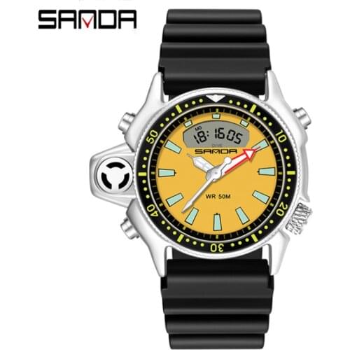 SANDA Luxury Men Watches Military Waterproof Dual Display Sports Watch Black Yellow LED Quartz Wristwatches horloges mannen