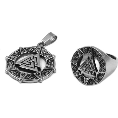 Norse Viking Pagan Amulet Celtic Knot Ring Pendant Necklace Odins Symbol Warrior Slavic Norway Jewelry Set R0660-448A