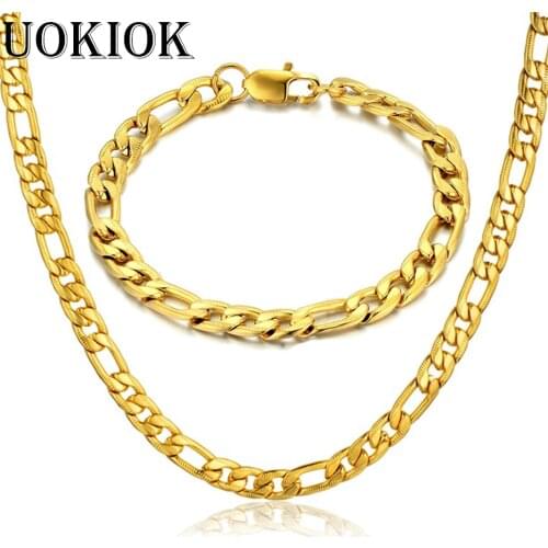 7MM Mens Boys Figaro Link Bracelet & Chain Set Gold Color Stainless Steel Hip Hop Necklace Chain Jewelry Sets Dropshipping