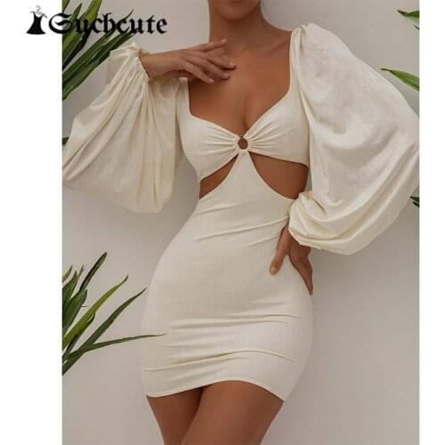 SUCHCUTE Evening Dress Hollow Out Sexy V Neck Vintage Long Lantern Sleeve Mini Dresses Elegant Party Outfit Harajuku Women Cloth