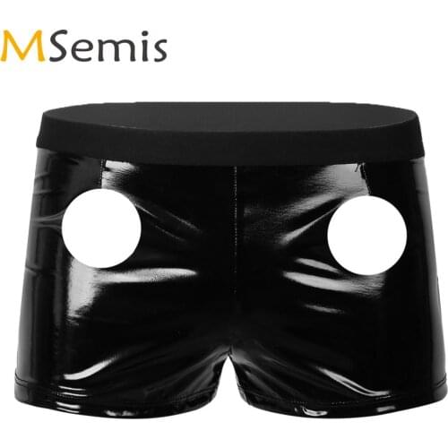 Men Wetlook Latex Shorts Low Waist Front Two Hole Tight Mini Pants Club Pole Dance Patent Leather Boxer Shorts Sexy Gay Leggings