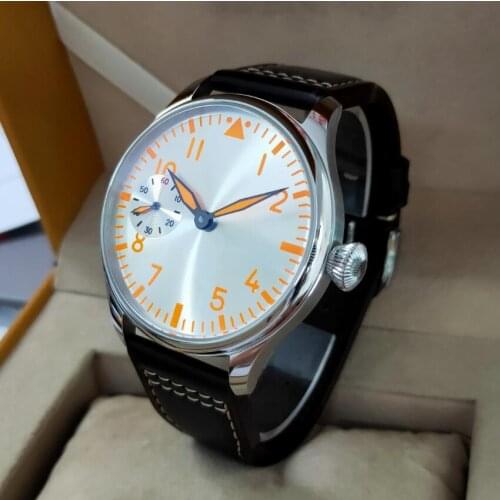 44mm Pilot style not have logo Mechanical Hand Wind Mens Watch Silver dial orange number coffee pilot strap st3600-2 movement