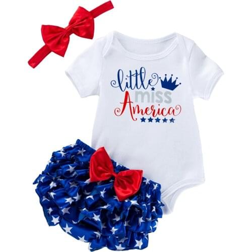 OPPERIAYA Independence Day Baby Girls Set Infant Summer Letter Print Short Sleeve Round Collar Bodysuit Star Shorts Bow Headwear