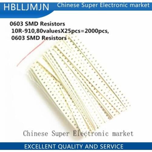0603 SMD Resistors 10R-910,80valuesX25pcs=2000pcs, 0603 SMD Resistors Assorted Kit