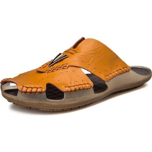 Genuine Leather Silppers Men Summer Outdoor Shoes Designer Beach Shoes Big Size 48 47 Mens Sandals Slip On Casual Shoes Brown