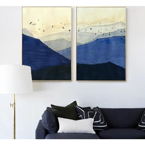 Modern Wall Art Dark Blue Mountains with Flying Birds Canvas Painting Poster and Prints for Home Decor Living Room Office Deco