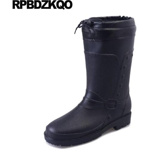 Warm fall tall comfortable cheap rain rubber fishing boots men fur mid calf black shoes winter flat slip on waterproof autumn