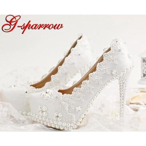 Korean Rhinestones Bridal Shoes White Lace Wedding Shoes Spring Lady High Heels Beautiful Bridesmaid Shoes Party Prom Pumps