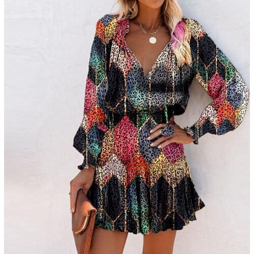 Vintage Leopard Printing Long Sleeve Party Dress Women Elegant V Neck Drawstring Mini Dress Streetwear Female Colorful Dress XL