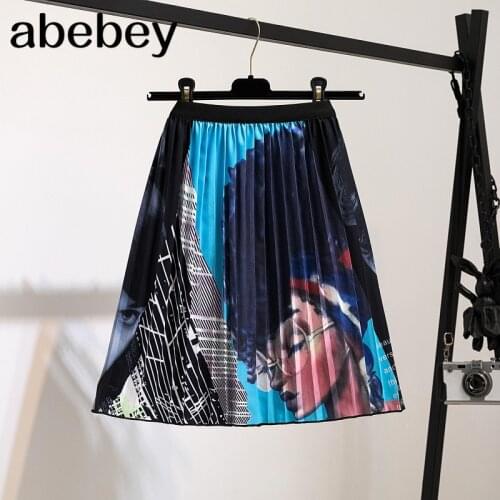 2021 Summer Fashion Brand Print Cartoon Satin Pleated Skirts Womens High Waisted Midi Skirt Female Linning Jupe Streetwear