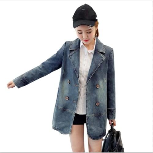 Spring Long Denim Jacket for Womens Windbreaker Coat Female Ripped Pocket Jeans Jackets Top Clothes Autumn R290
