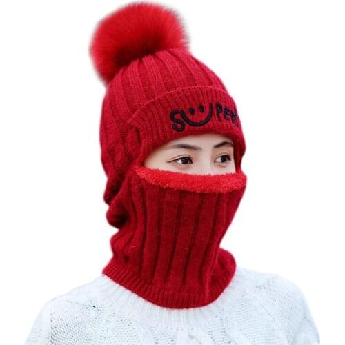 Women Winter Knit Beanie Balaclava Hat Letters Fleece Lined Zipper Face Mask Cap A0NF