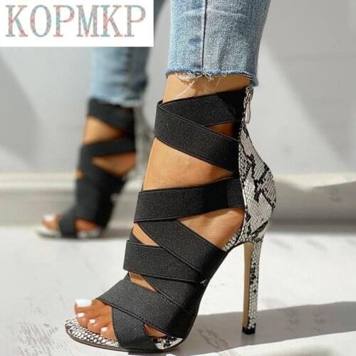 2020 Sandalias Mujer Women Pumps Fashion Bandage Patchwork Thin Heels Snake High Heels Sandals Office & Career Shoes Size 36~42