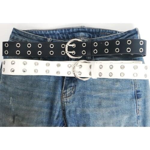 Belt for Women Alloy Silver Double Pin Buckle Waist lady PU Leather Luxury brand Two Eyelet goth Punk Rock hit hot to jeans