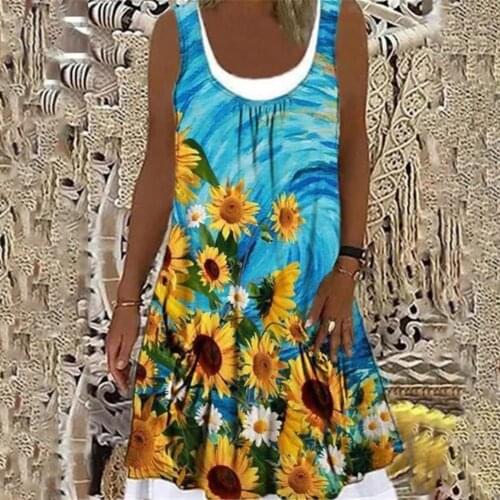 Women Dress O Neck Large Hem Dress Fake Two Pieces Print Sleeveless Dress Summer Vintage Elegant Dresses robe femme vestidos