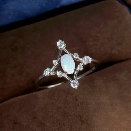 Vintage Female White Fire Opal Ring 100% Real 925 Sterling Silver Engagement Ring Cute Crystal Oval Wedding Rings For Women