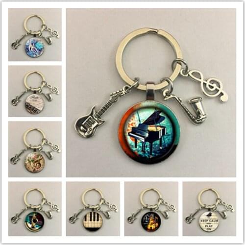 3 color stylish piano notes guitar music DIY time glass round keychain musical note pendant handmade keychain