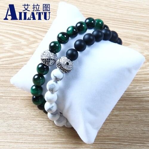 Ailatu 8mm Natural Green Tiger Eye Black White Stone Beads Chinese Yingyang Distance Bracelet