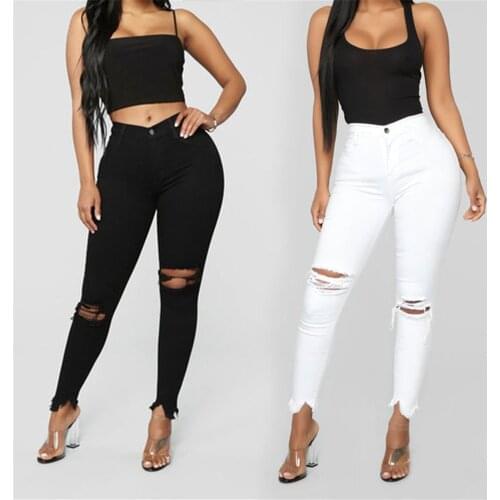 Black and white ripped jeans For women Slim denim jeans Casual Skinny pencil pants Fashion Womens clothing plus size S-3XL