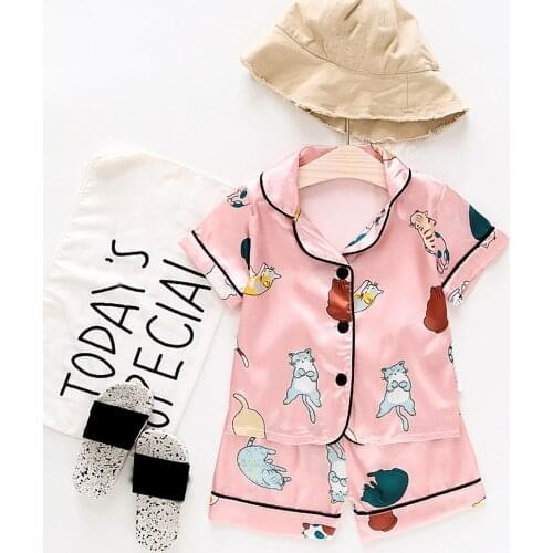 TELOTUNY Kids Baby Boys Girls Cartoon Pajamas Sets Short Sleeve Fake Silk Home Sleepwear+Shorts Summer Pijamas Clothes Outfits