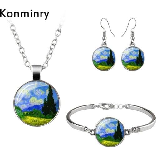 Konminry Life Tree Jewelry Sets Mandala Flower Van Gogh Art Painting Glass Cabochon Handmade Stud Earrings Women Girl Gift