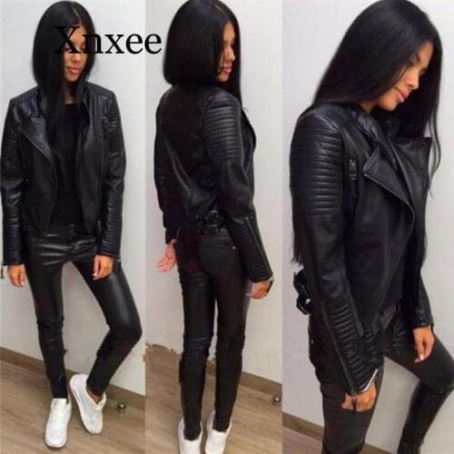 Ladies Leather Jackets New Black Slim Moto Bikers Jacket Women Long Sleeved Zipper Spring Autumn Outerwear Leather Coats