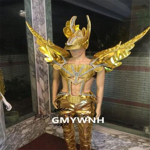 S9D Men model stage wears gold mirror wings dj led costumes stage suit models performance armor outfit christmas show clothe bar